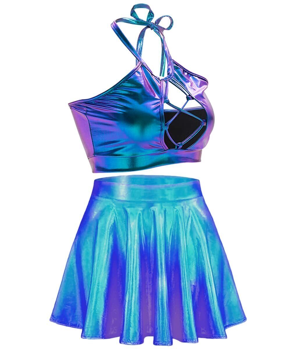 1941 Rave Outfit Sets Festivals 2 Pcs Metallic Tops long Skirt EDM Party